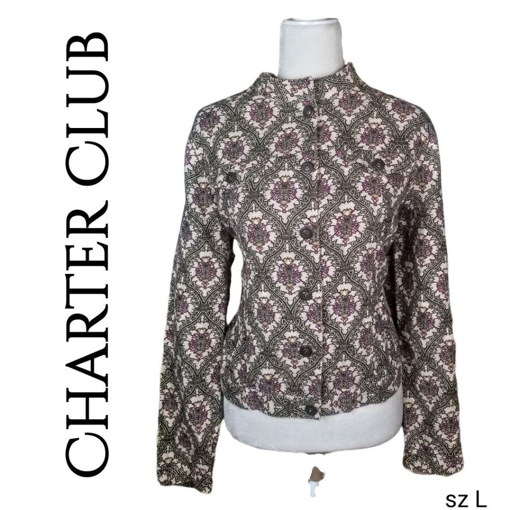 Charter Club Linen Magenta Green Pattern Short Lightweight Jacket